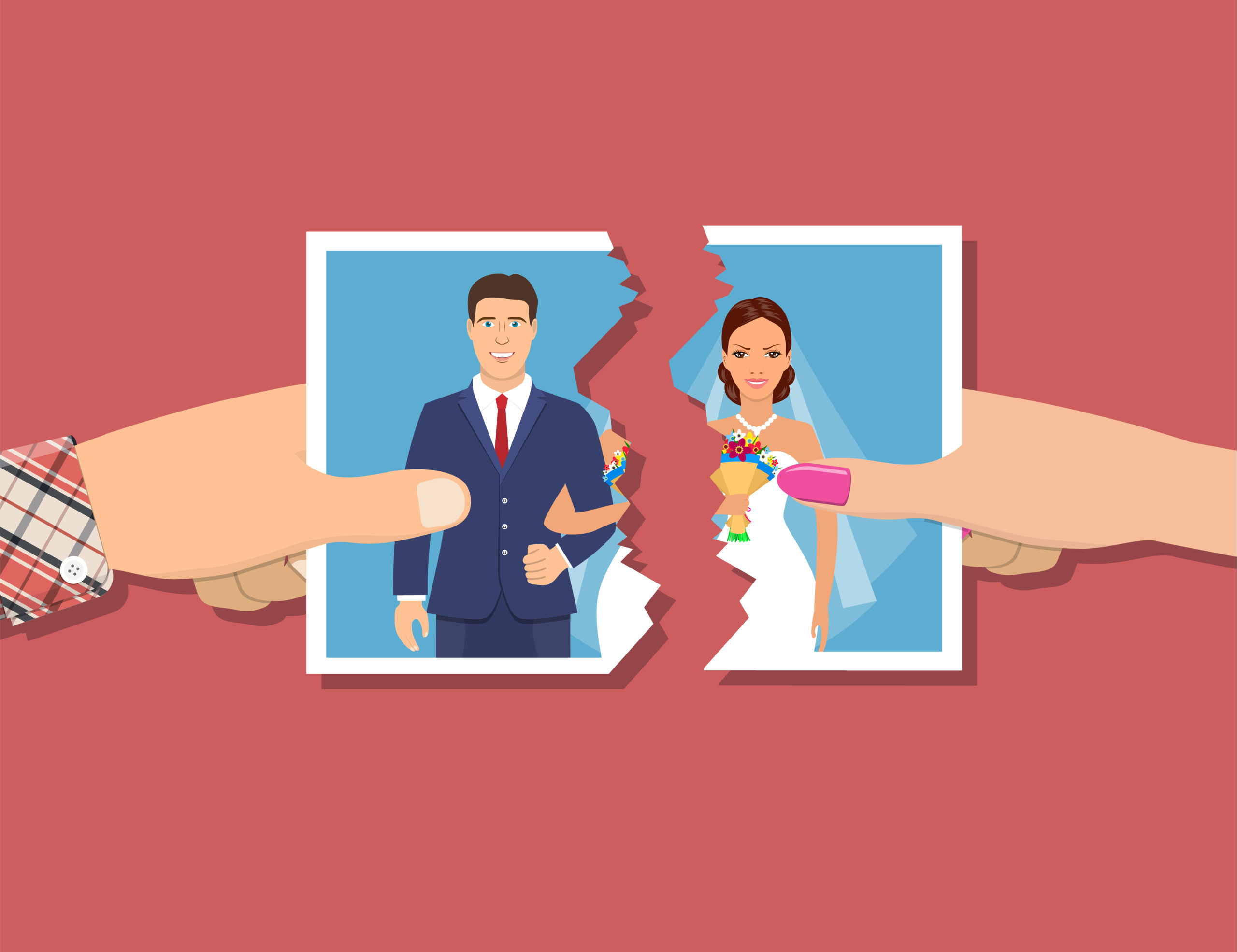 Divorcement. Man And Woman Hands Tear Apart Wedding Photo